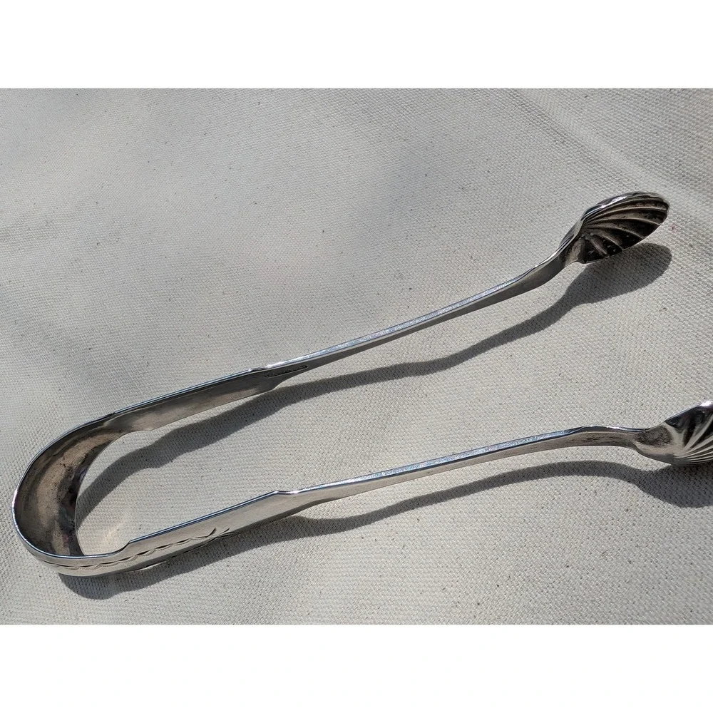 James Adam Antique Coin Silver Sugar Tongs Shell Motif Monogrammed Georgian